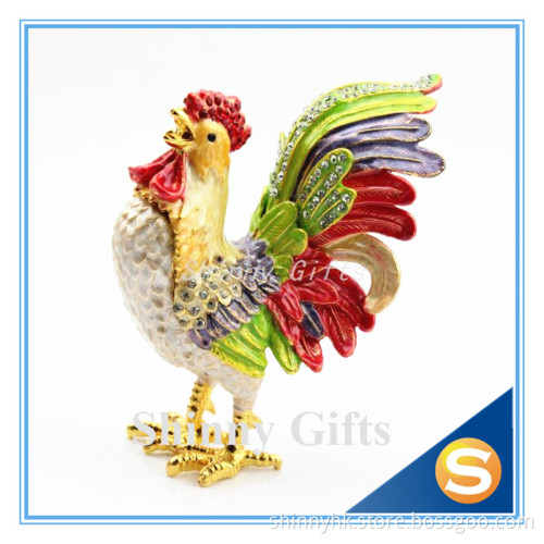 Metal Pewter Rooster Shape Jeweled Enamel Trinket Box